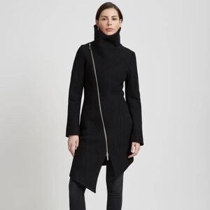 Marcella Maren Virgin Wool Black Asymmetrical Zipper Coat XS New with Tags